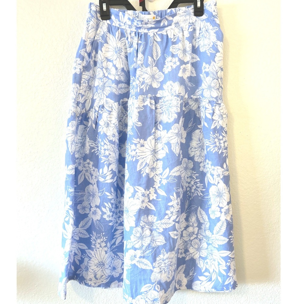 C&C California Coastal Cottagecore Blue White Floral 100% Linen Midi‎ Skirt M